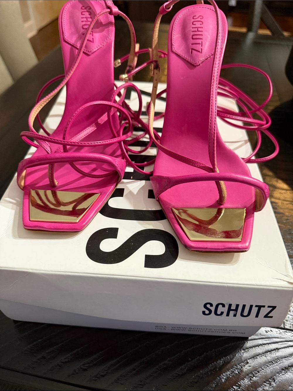 SCHUTZ Hot Pink Strappy High Heel Sandals with Gold Accent